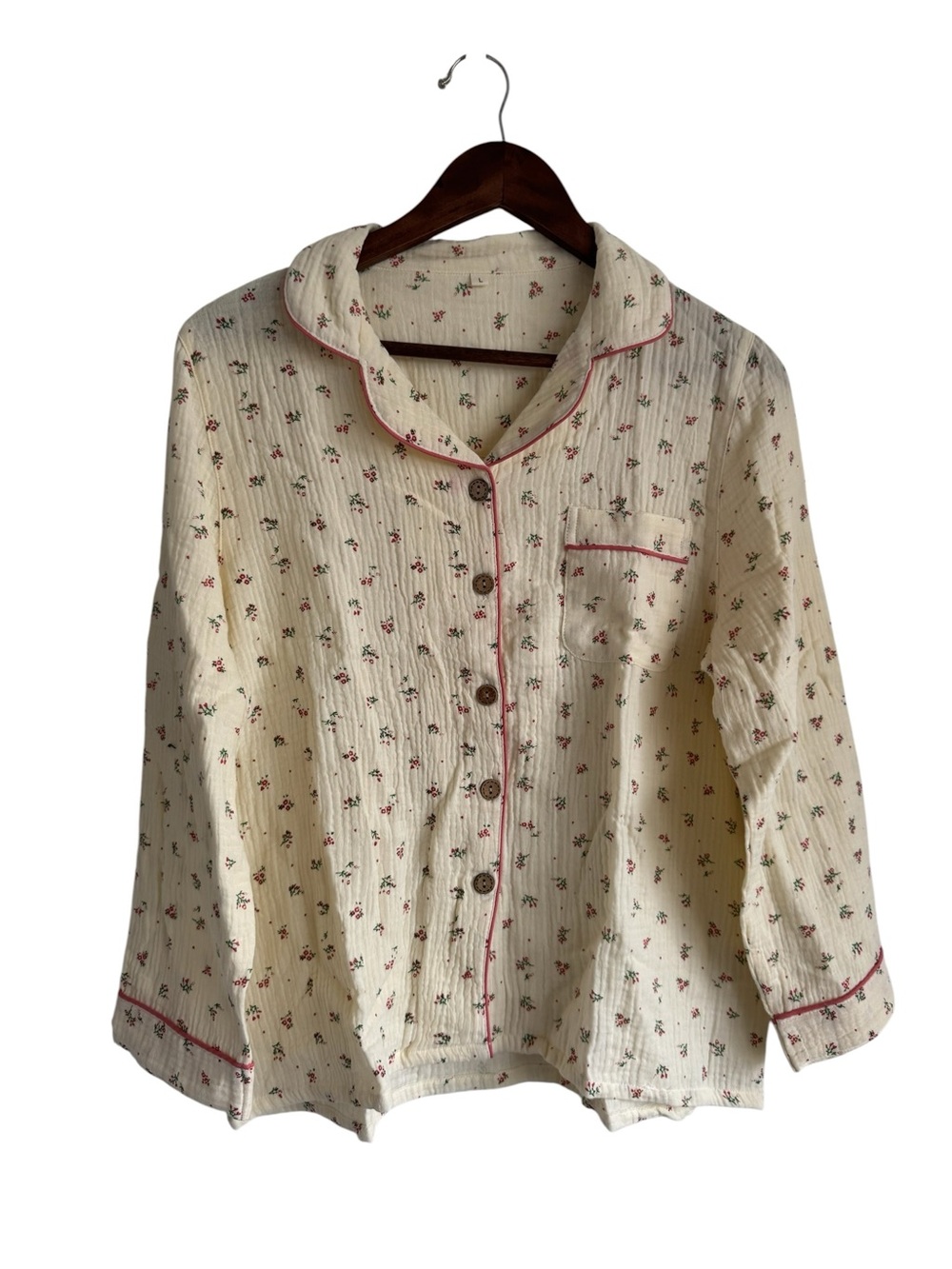 Two Piece Pajama Set Cream Floral Button-Up Women's Top with Pink Piping Size M